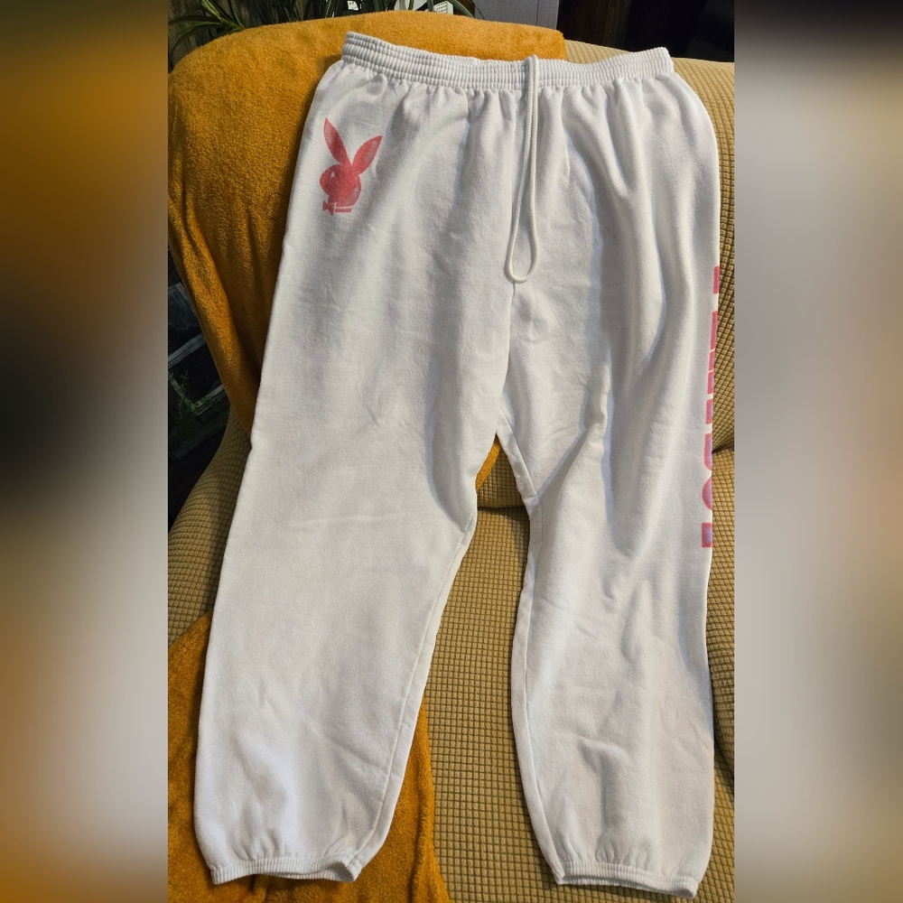 PLAYBOY White Sweatpants with Pink Logo/Sz XL
